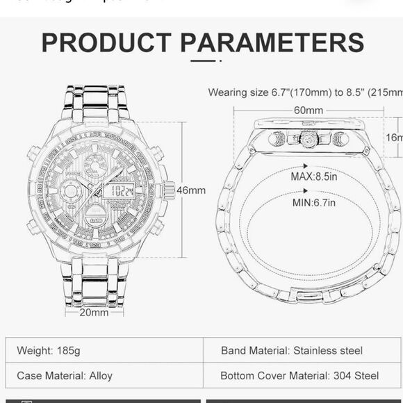 GOLDEN HOUR Stainless Steel AnalogDigital Outdoor Sport WaterproofBig Heavy Nwt - Picture 5 of 11